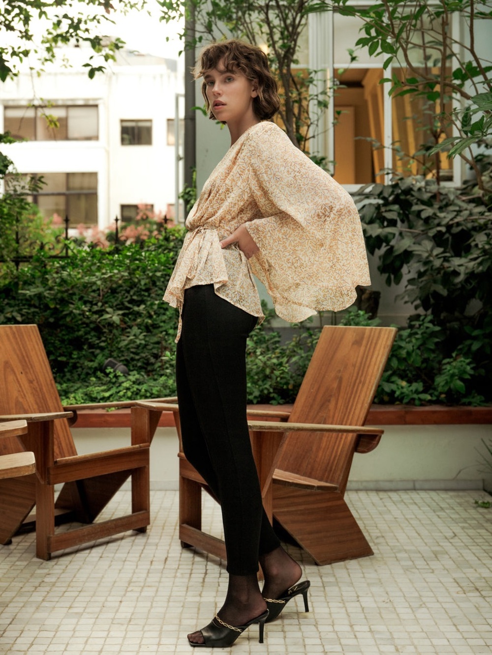 SABINA MUSAYEV Floral Gold Dot Chiffon Bell Sleeve Y2K‎ Cottagecore Fairy Top S